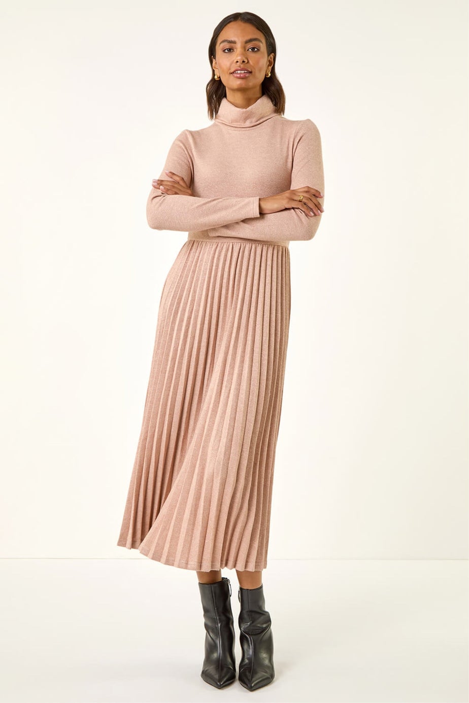 Roman Light Pink High Neck Pleated Midi Dress