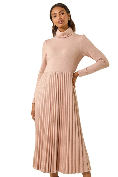 Roman Light Pink High Neck Pleated Midi Dress