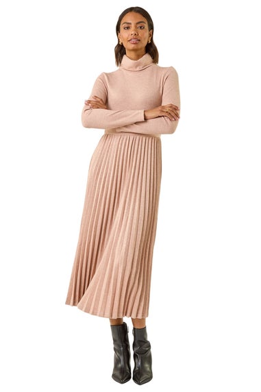 Roman Light Pink High Neck Pleated Midi Dress
