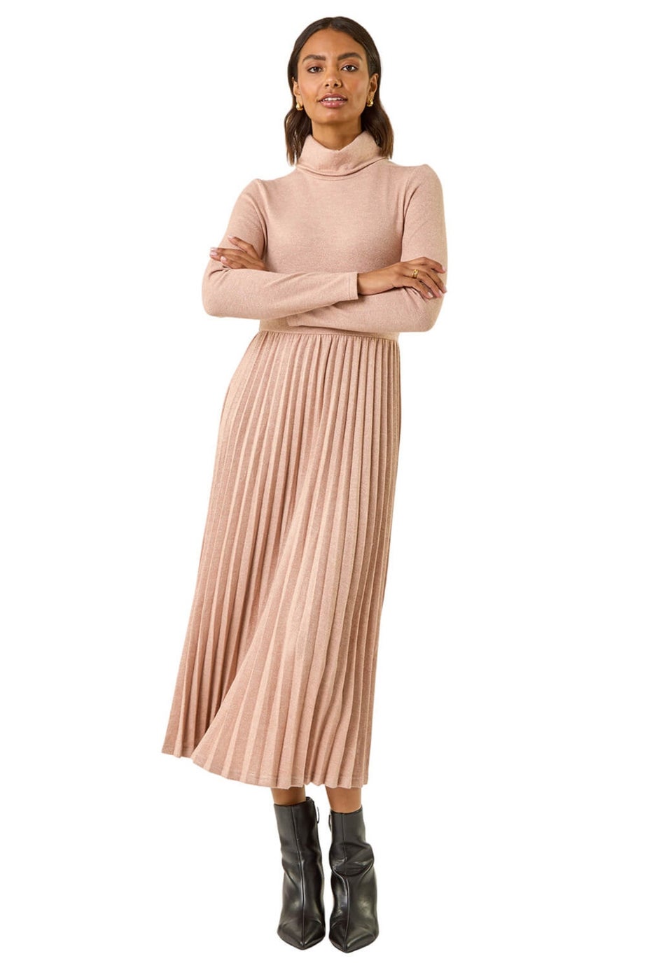 Roman Light Pink High Neck Pleated Midi Dress