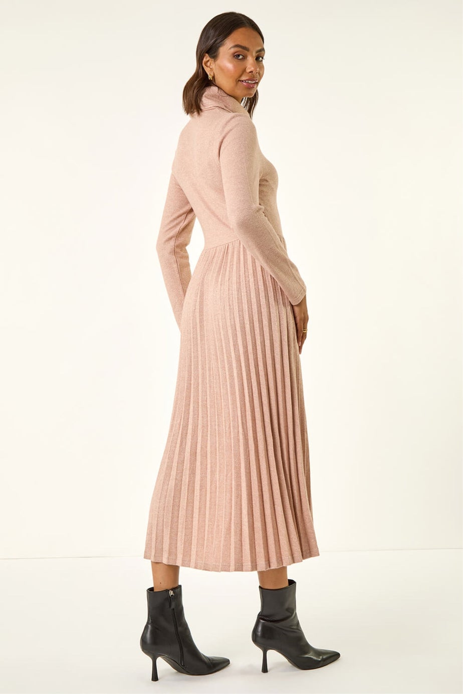 Roman Light Pink High Neck Pleated Midi Dress