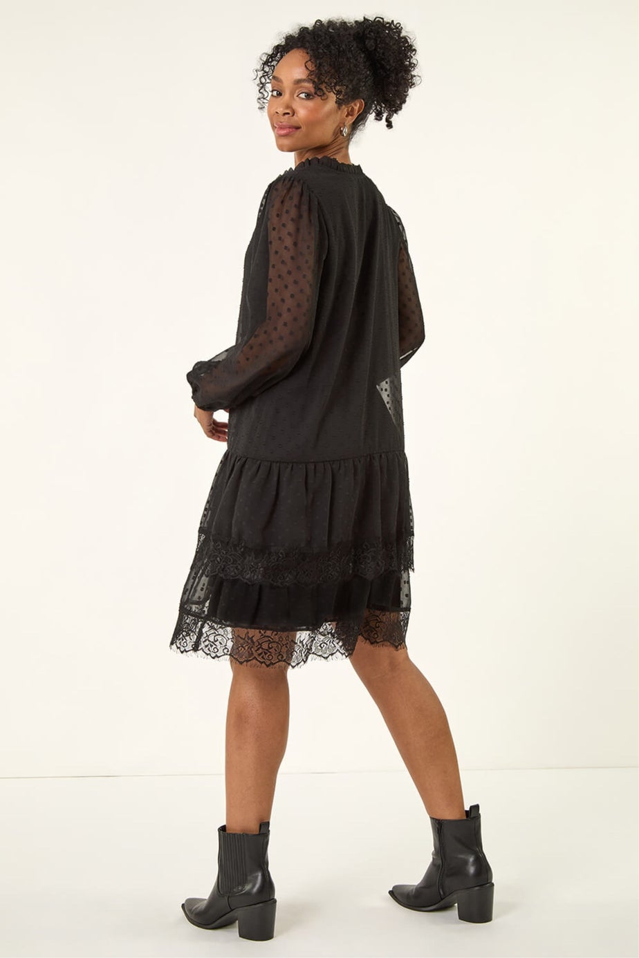 Roman Black Petite Frill Tie Front Lace Dress