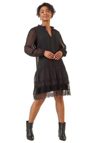 Roman Black Petite Frill Tie Front Lace Dress