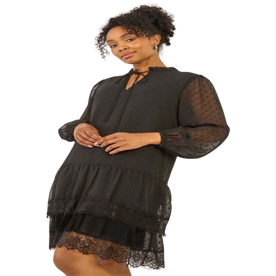 Roman Black Petite Frill Tie Front Lace Dress
