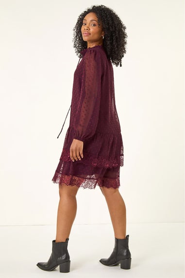 Roman Wine Petite Frill Tie Front Lace Dress