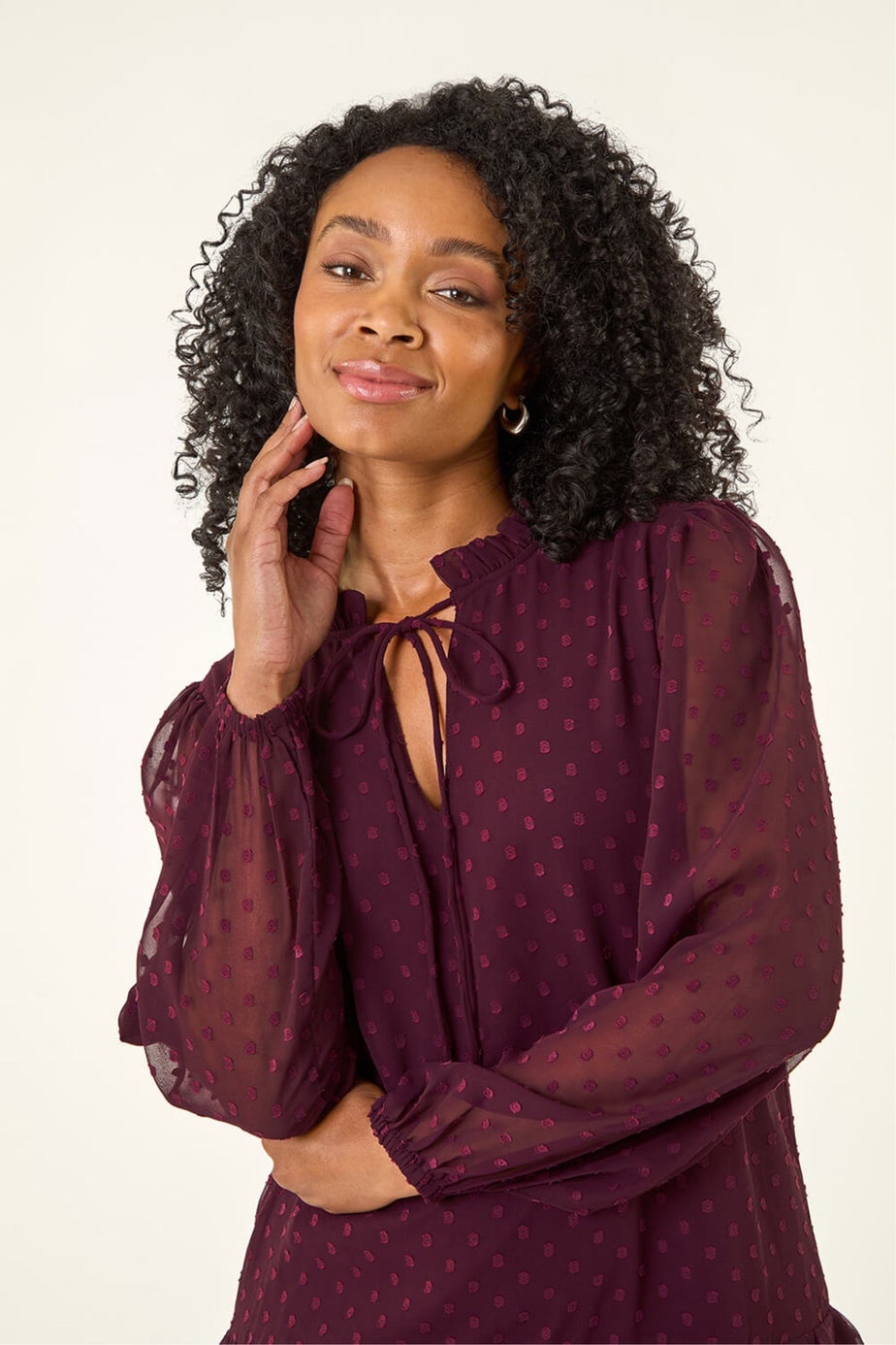 Roman Wine Petite Frill Tie Front Lace Dress