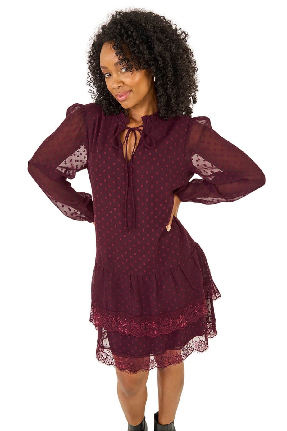 Roman Wine Petite Frill Tie Front Lace Dress