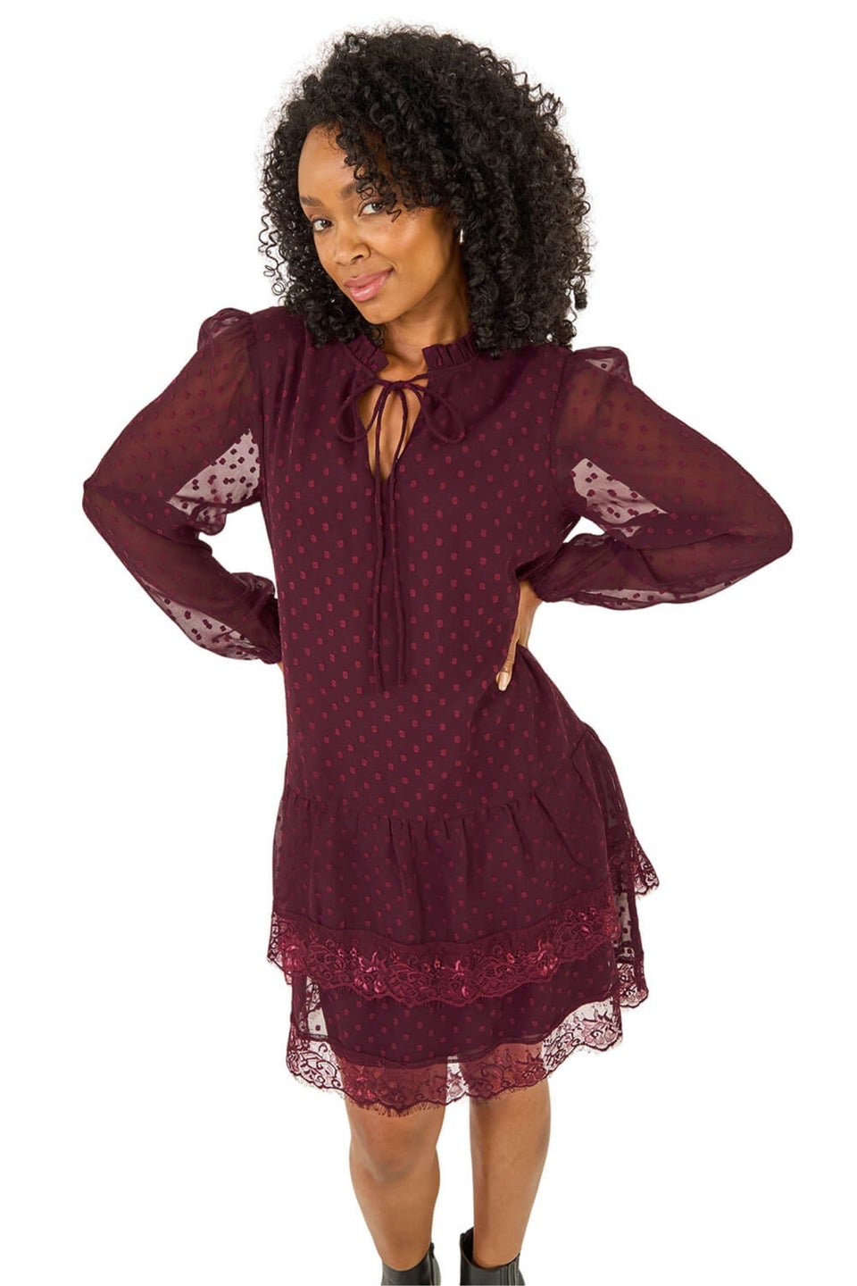 Roman Wine Petite Frill Tie Front Lace Dress