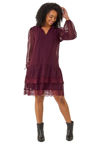 Roman Wine Petite Frill Tie Front Lace Dress