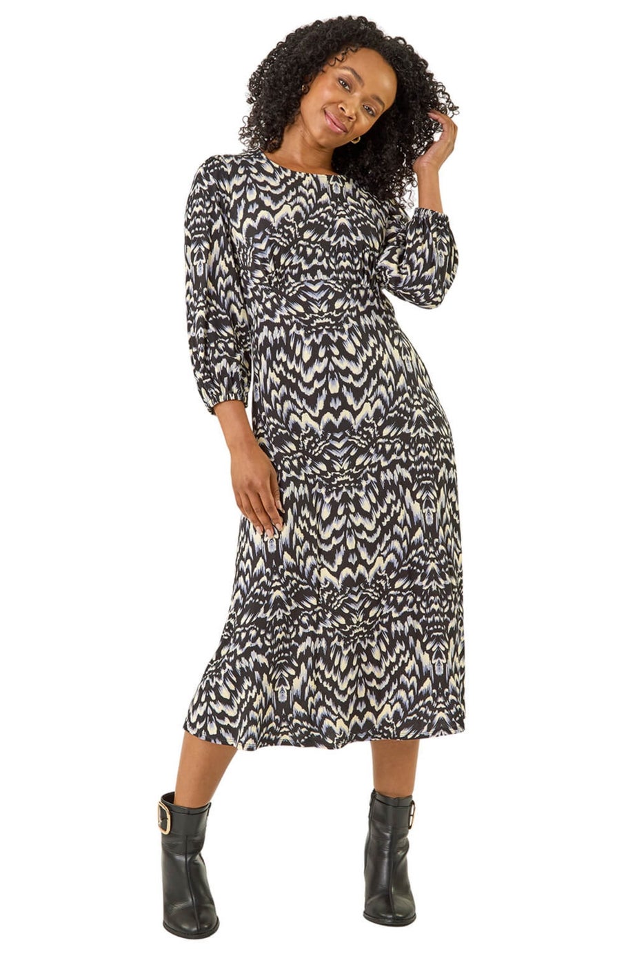 Roman Black Petite Abstract Stretch Midi Dress