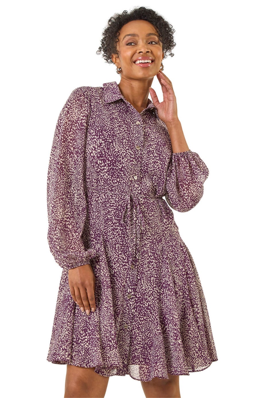 Roman Plum Petite Abstract Spot Godet Dress