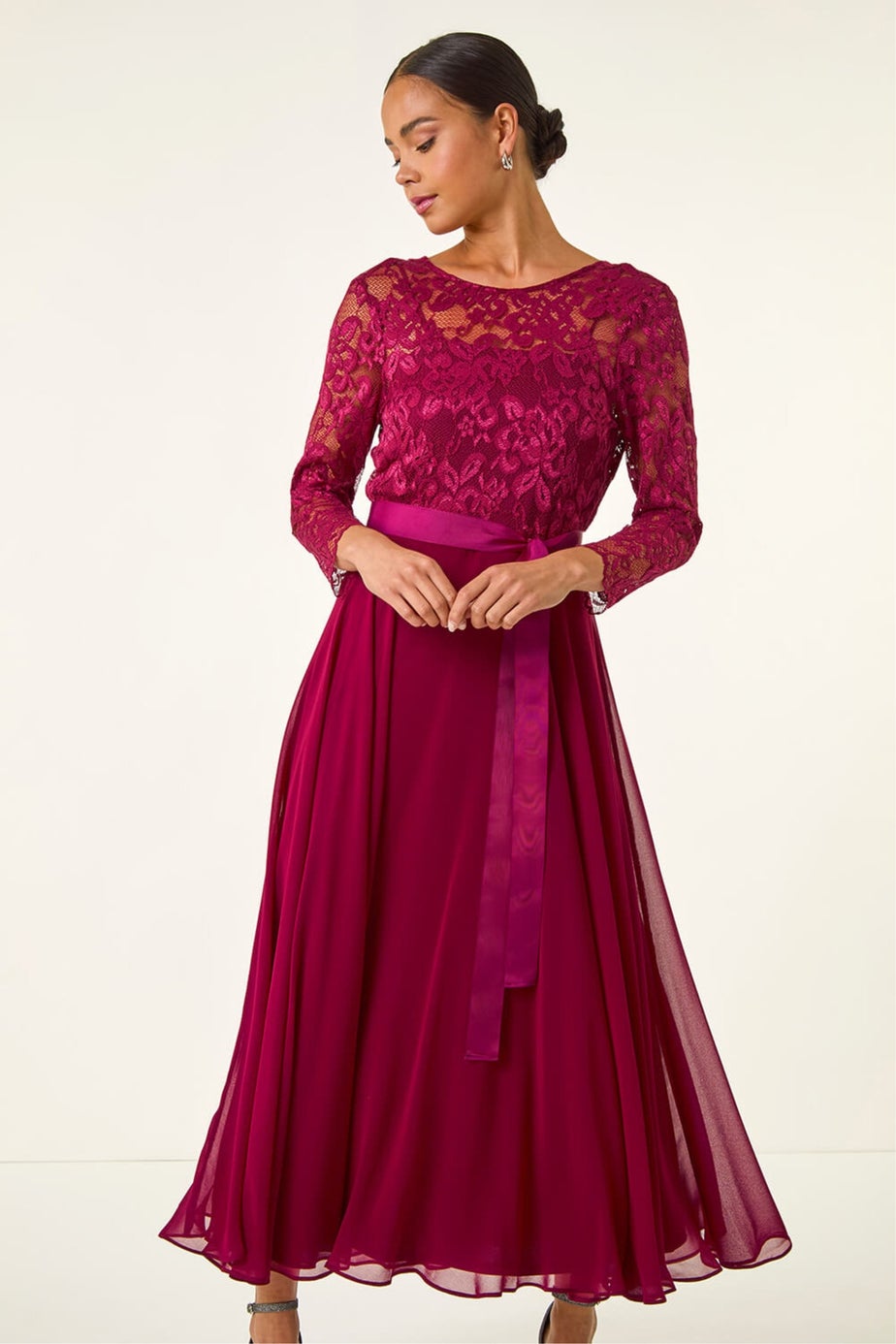Roman Wine Petite Lace Contrast Bodice Dress