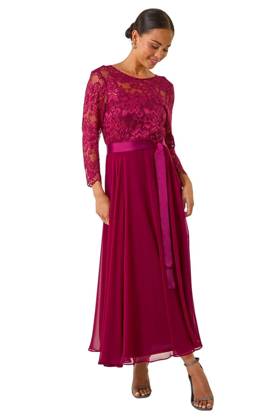 Roman Wine Petite Lace Contrast Bodice Dress