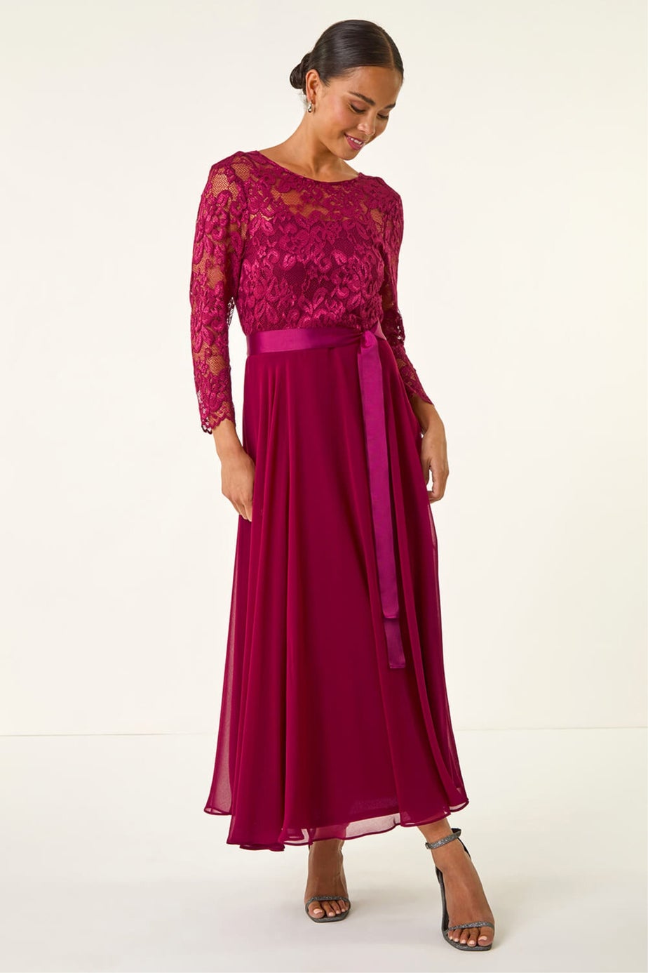 Roman Wine Petite Lace Contrast Bodice Dress