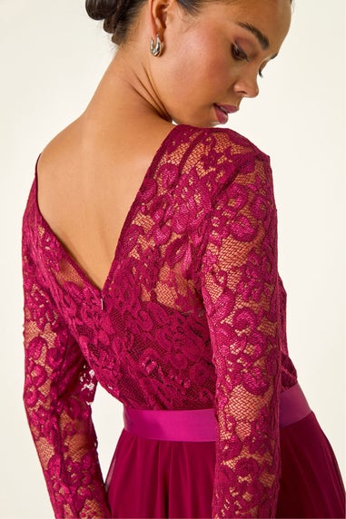 Roman Wine Petite Lace Contrast Bodice Dress