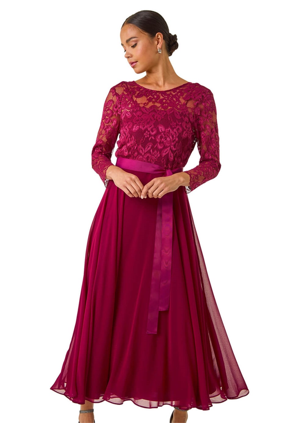 Roman Wine Petite Lace Contrast Bodice Dress