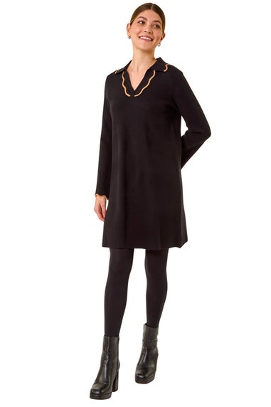 Roman Black Scalloped Edge Knit Dress