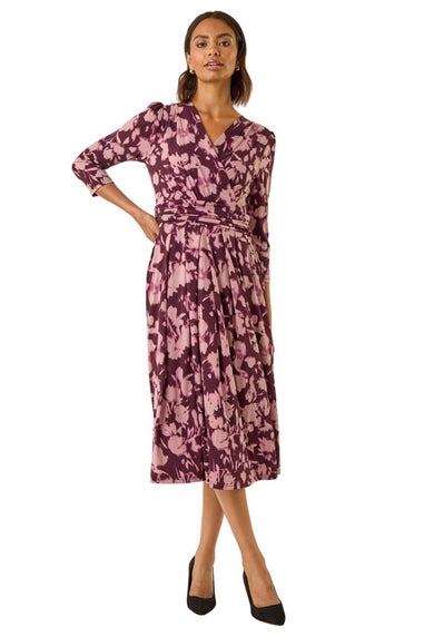 Roman Wine Abstract Floral Print Wrap Midi Dress