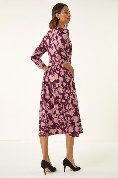 Roman Wine Abstract Floral Print Wrap Midi Dress