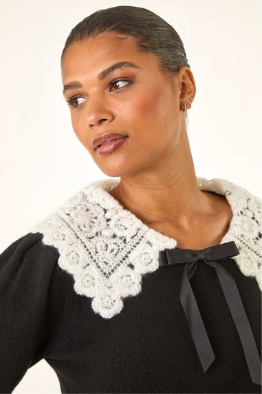 Roman Black Crochet Collar Knitted Dress