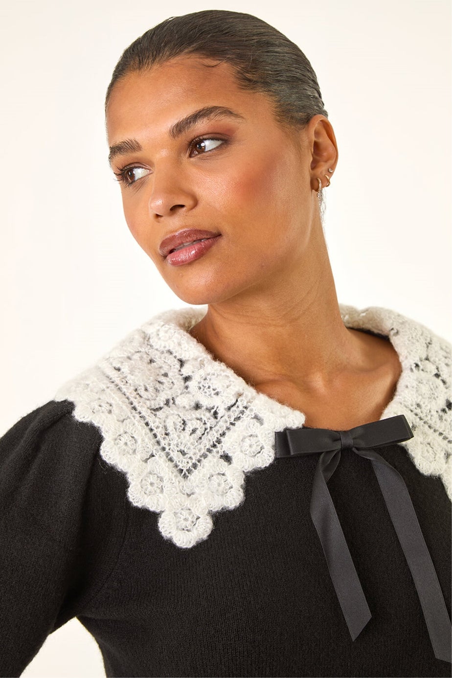 Roman Black Crochet Collar Knitted Dress