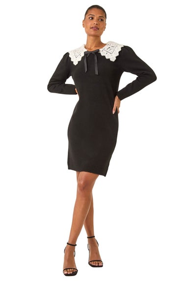 Roman Black Crochet Collar Knitted Dress