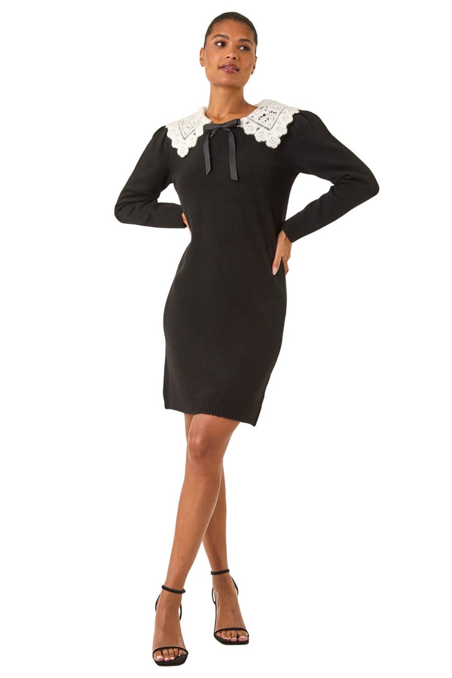 Roman Black Crochet Collar Knitted Dress