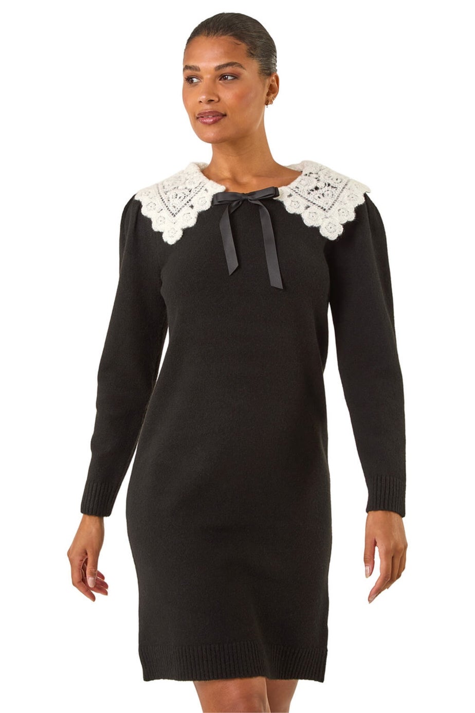 Roman Black Crochet Collar Knitted Dress