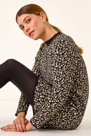 Roman Black Animal Print Knitted Shift Dress