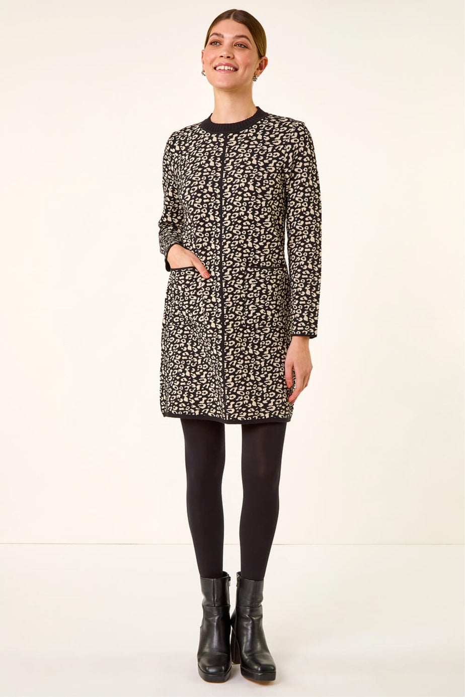 Roman Black Animal Print Knitted Shift Dress