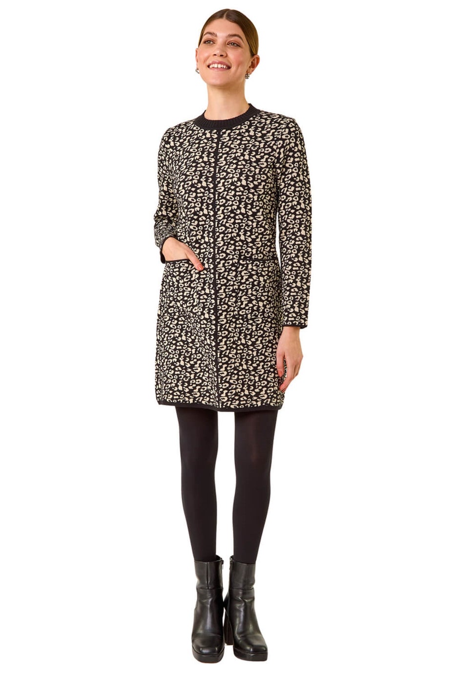 Roman Black Animal Print Knitted Shift Dress