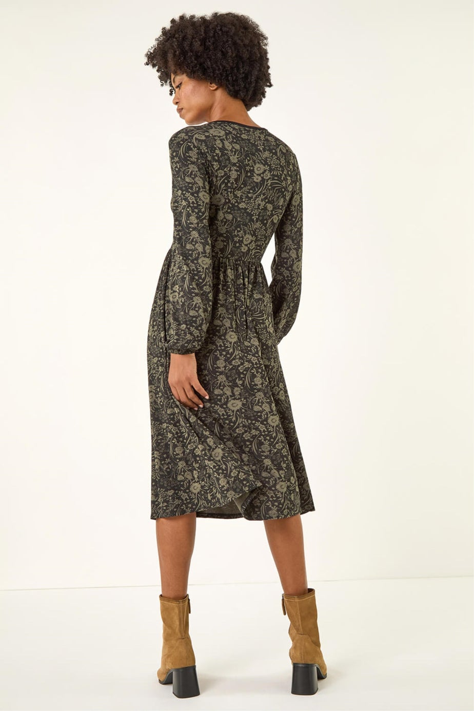 Roman Khaki Floral Print V-Neck Stretch Midi Dress