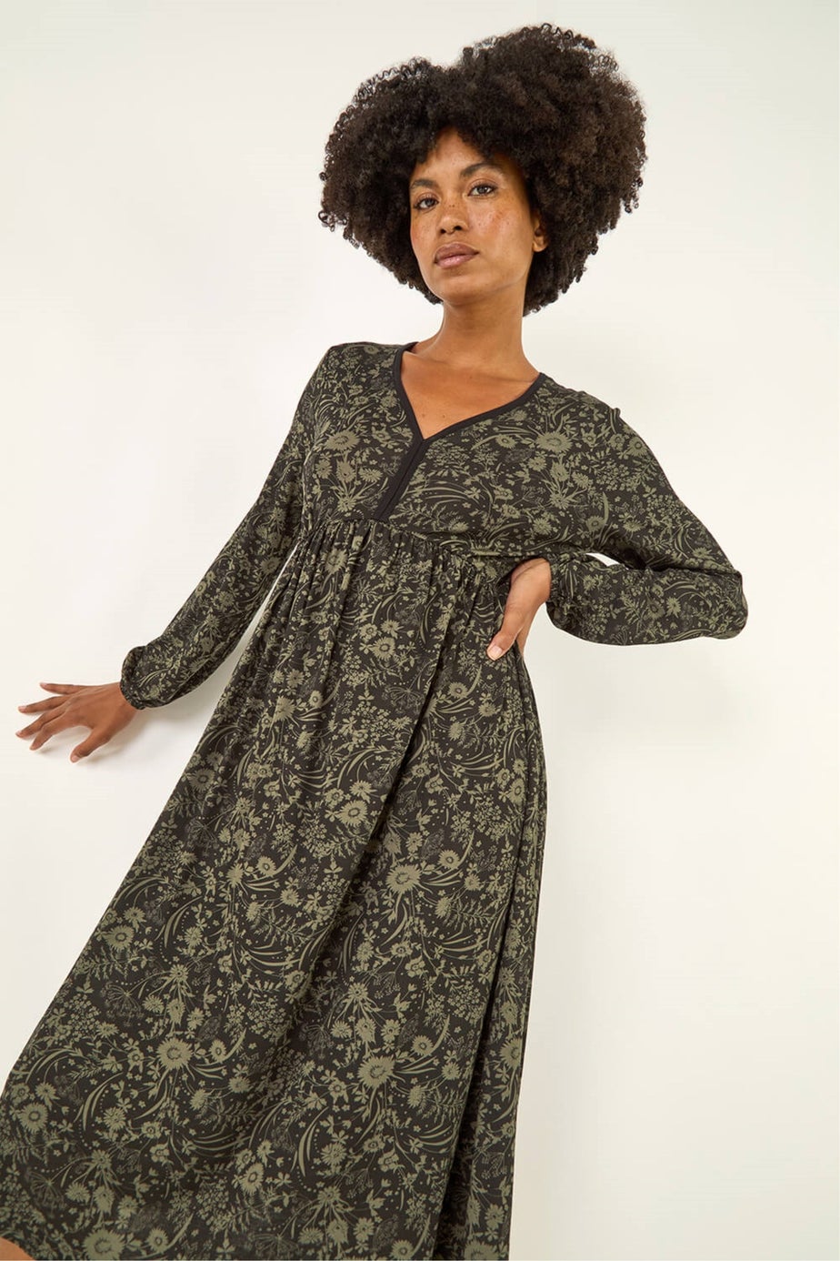 Roman Khaki Floral Print V-Neck Stretch Midi Dress