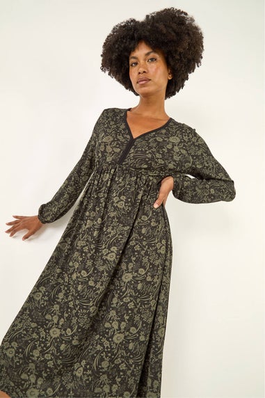 Roman Khaki Floral Print V-Neck Stretch Midi Dress