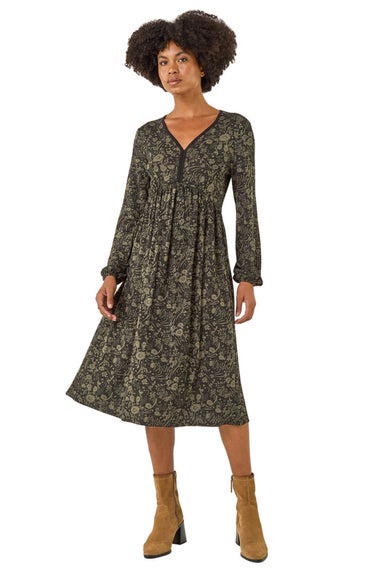 Roman Khaki Floral Print V-Neck Stretch Midi Dress