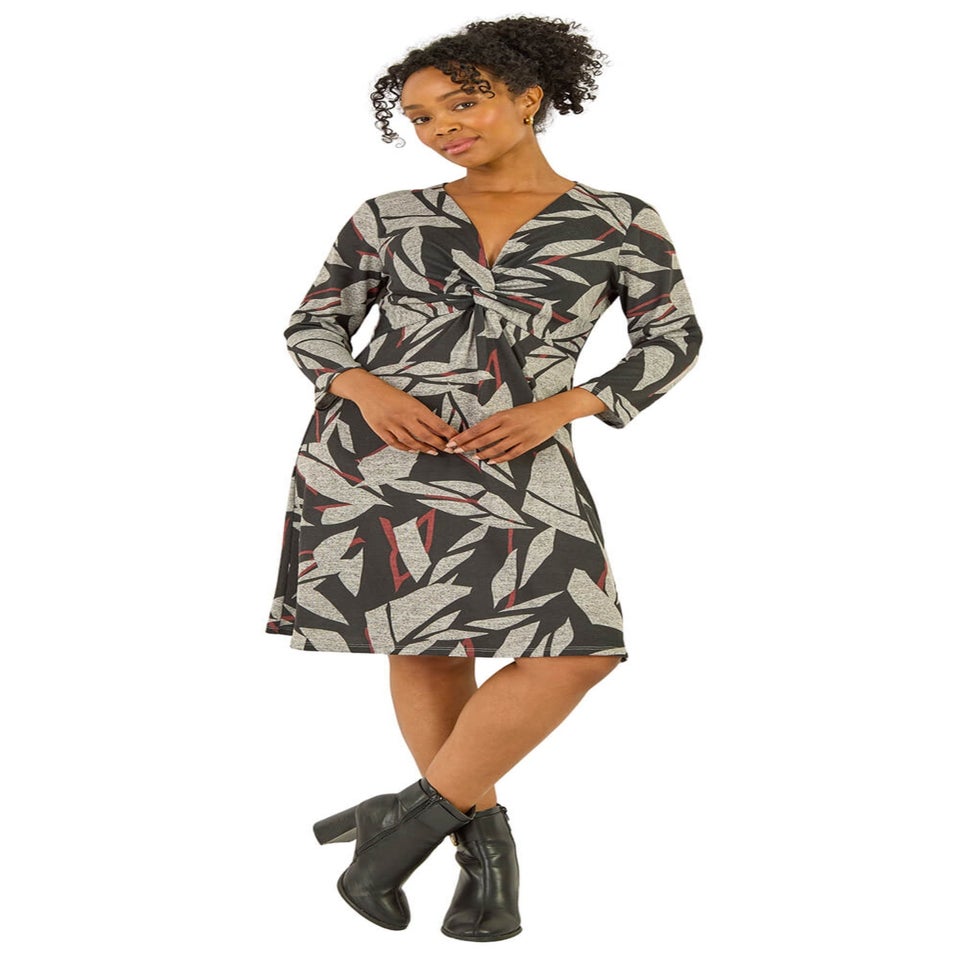 Roman Black Petite Floral Print Twist Front Dress