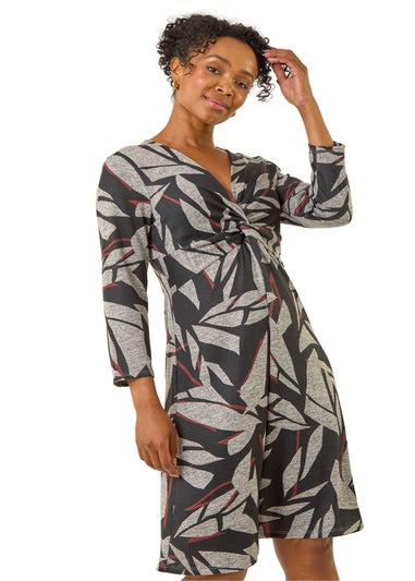 Roman Black Petite Floral Print Twist Front Dress
