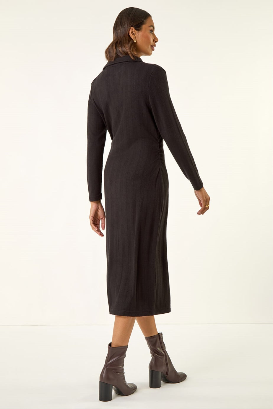 Roman Black Collar Ribbed Knit Miid Dress
