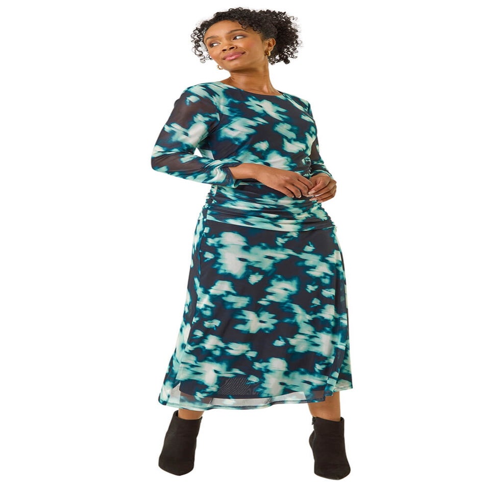 Roman Teal Petite Print Mesh Ruched Midi Dress