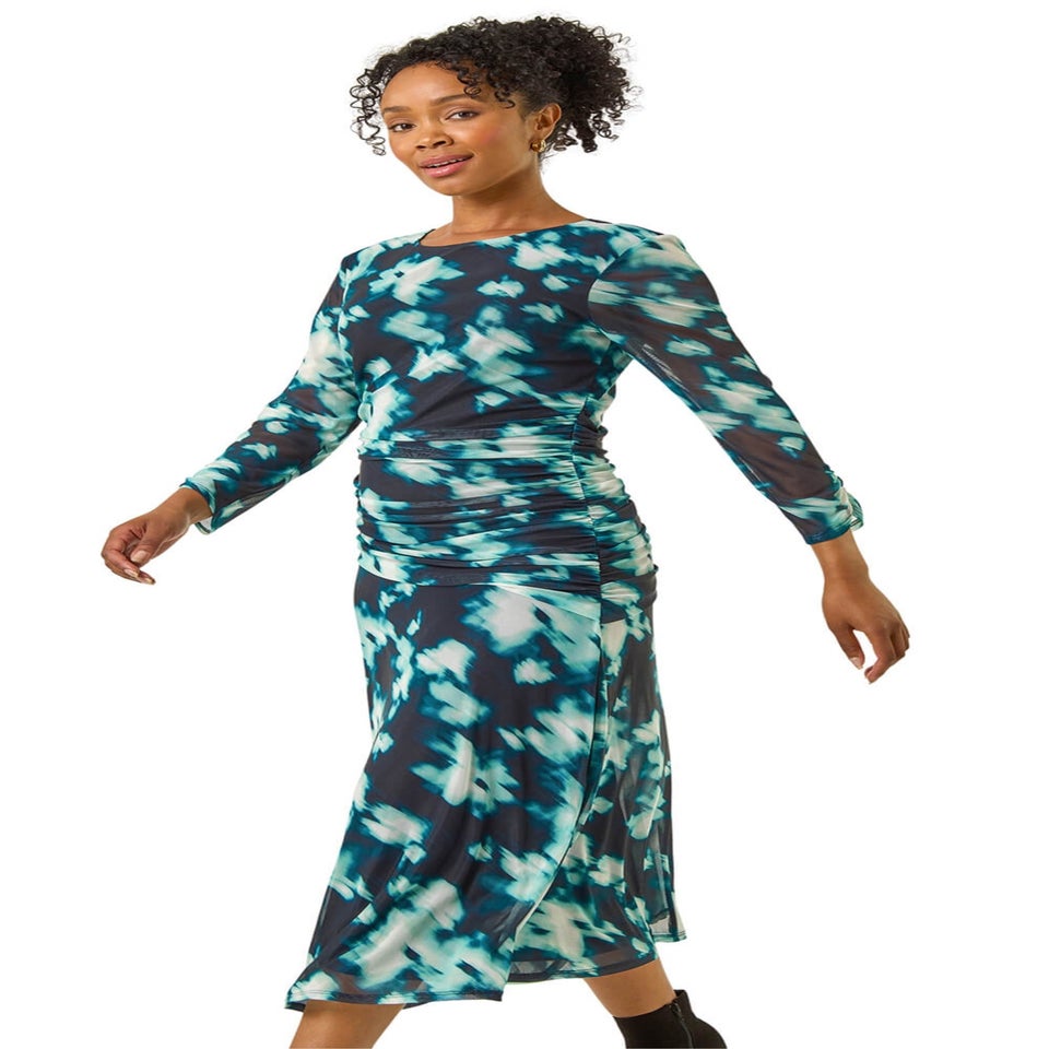 Roman Teal Petite Print Mesh Ruched Midi Dress