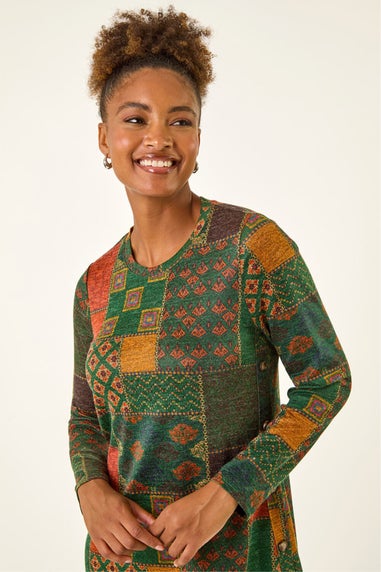 Roman Green Patchwork Print Button Swing dress