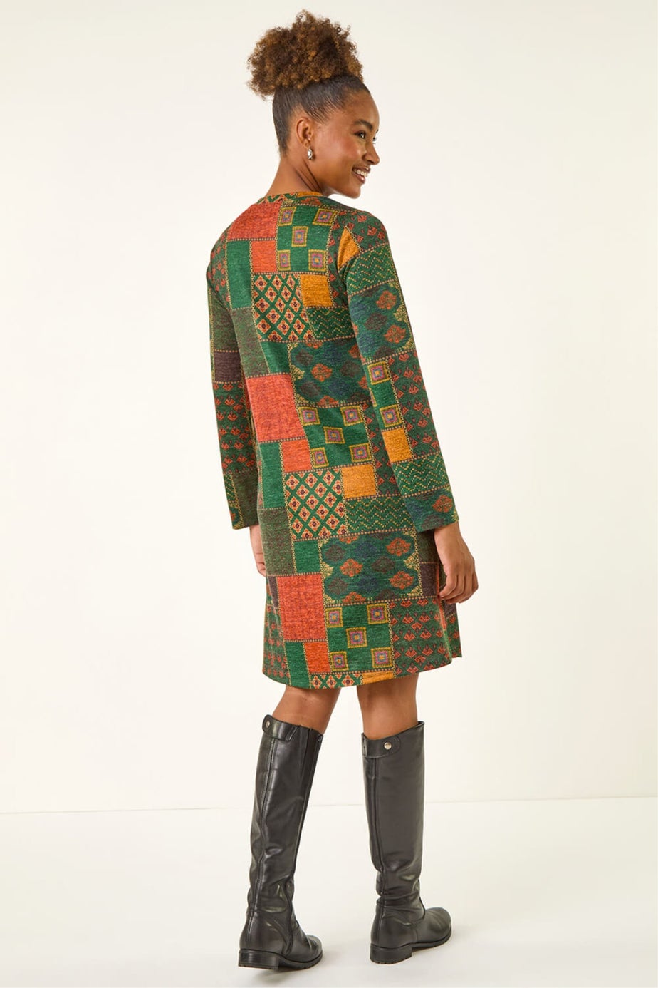 Roman Green Patchwork Print Button Swing dress