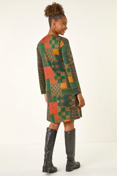 Roman Green Patchwork Print Button Swing dress