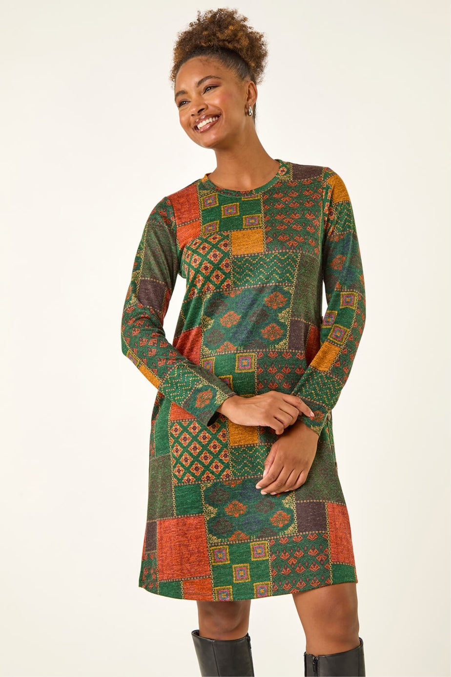 Roman Green Patchwork Print Button Swing dress