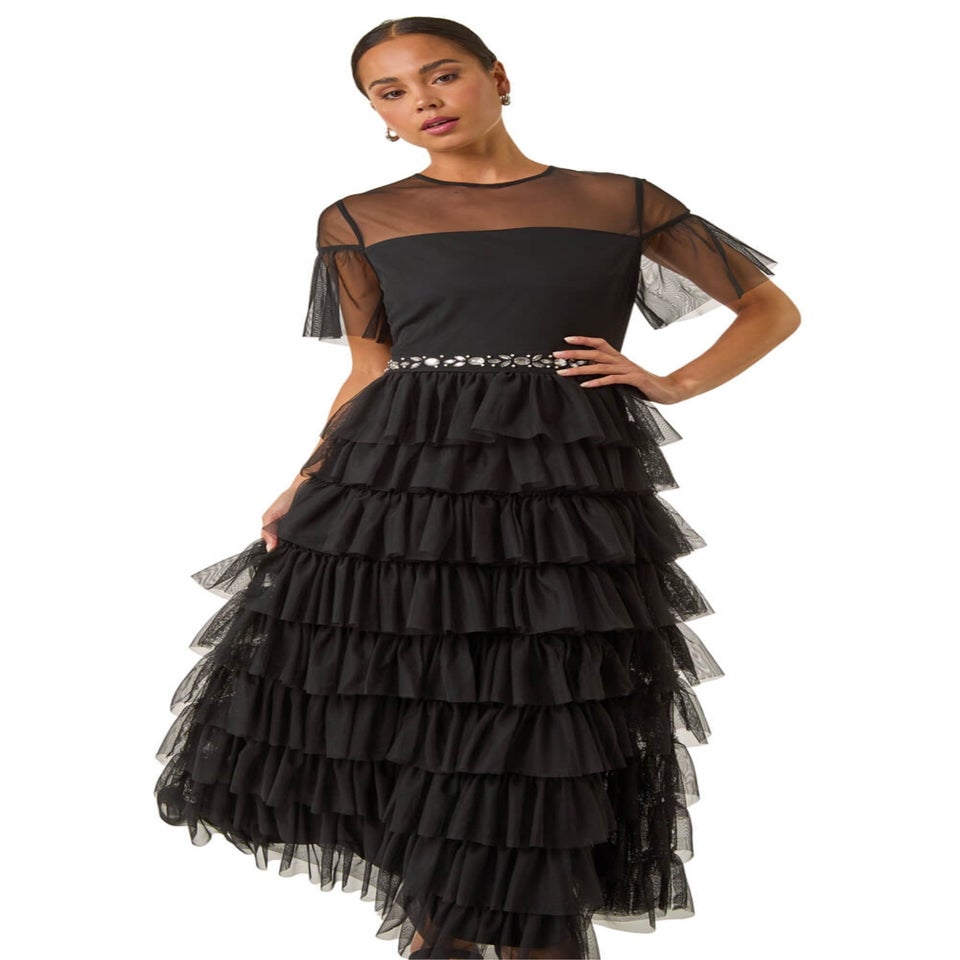 Roman Black Petite Embellished Mesh Tiered Dress