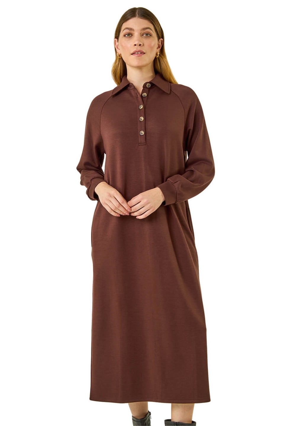 Roman Chocolate Buttoned Collar Midi Dress