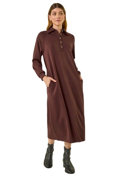 Roman Chocolate Buttoned Collar Midi Dress
