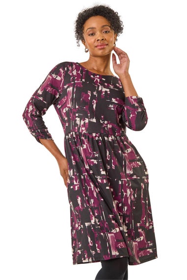 Roman Plum Petite Abstract Gathered Stretch Dress