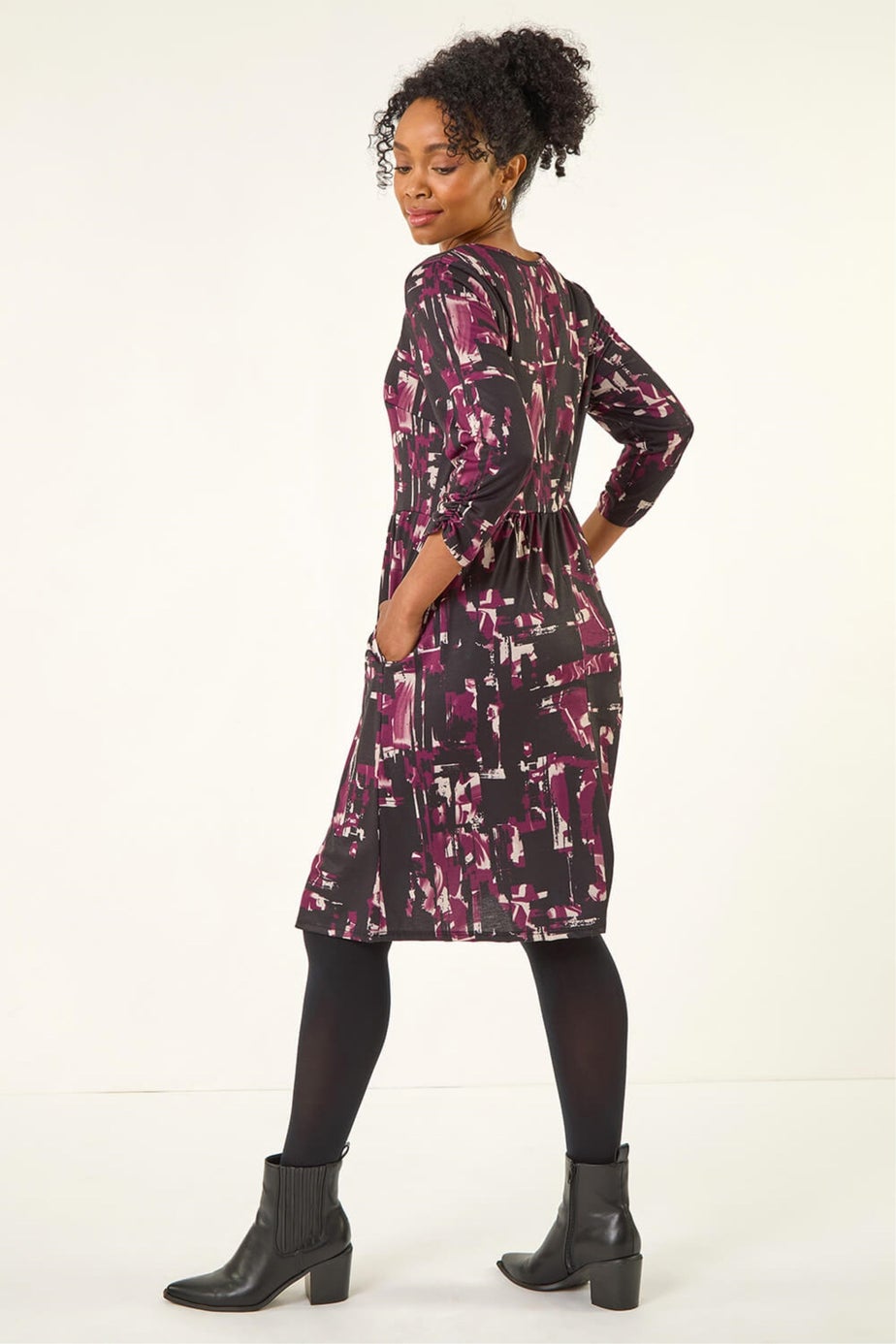 Roman Plum Petite Abstract Gathered Stretch Dress