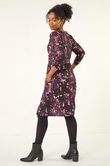 Roman Plum Petite Abstract Gathered Stretch Dress